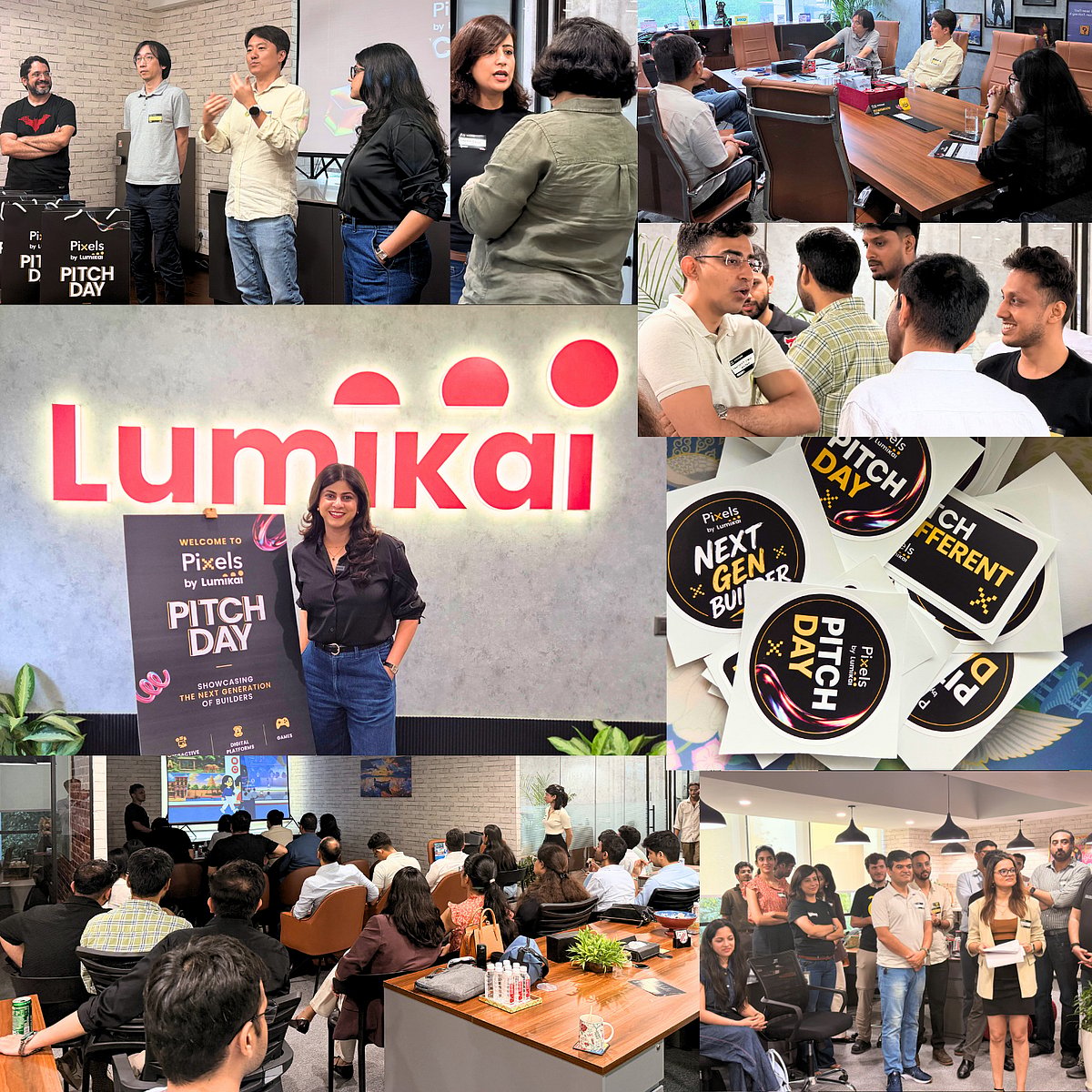 Lumikai Pixels Pitch Day event photos, from investors chatting to, new founders pitching their projects to the group.