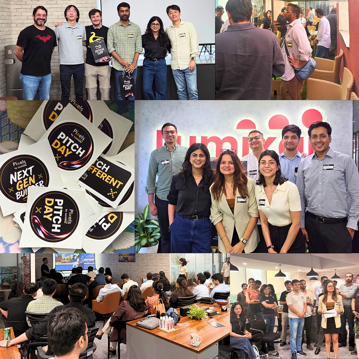 Lumikai Pixels Pitch Day event photos, from investors chatting to, new founders pitching their projects to the group.