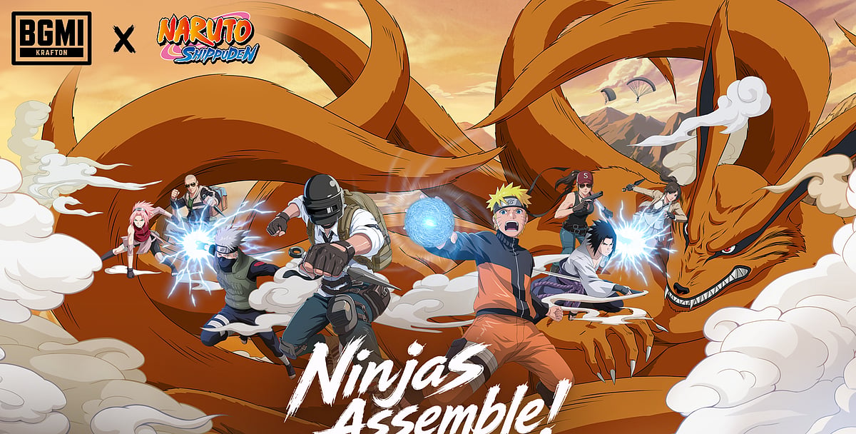 BGMI x Naruto Collaboration Poster featuring narito, sasuke, sakura, BGMI Marcot and Kurama