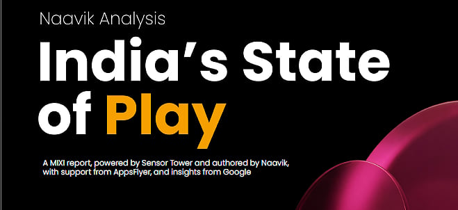 Cover image for India's State of Play report by Naavik Analysis, highlighting a MIXI Global Investments report powered by Sensor Tower, authored by Naavik, with support from AppsFlyer and insights from Google.