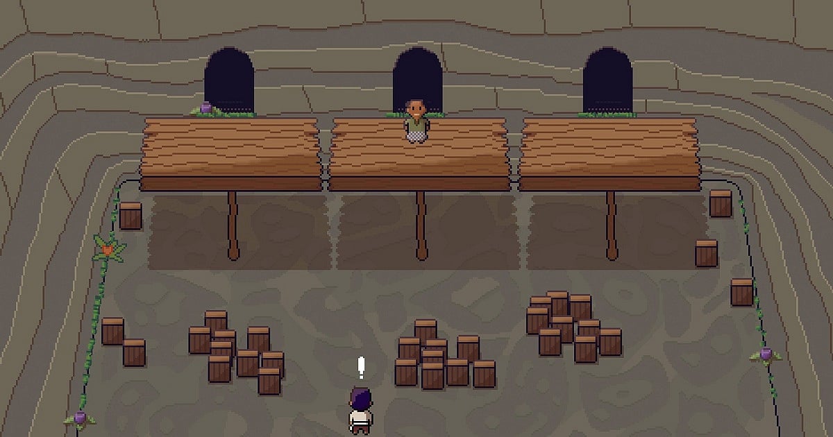 Pixel-art gameplay from Palm Sugar: A Village Story showing the player character inside a hall filled with stacks of wooden crates. An NPC stands on a raised wooden platform between three dark archways, while an exclamation mark above the player indicates a quest, interaction, or story objective.