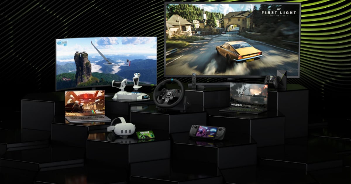 GeForce Now gaming setup featuring TVs, laptops, handheld devices, VR headsets, and gaming accessories.