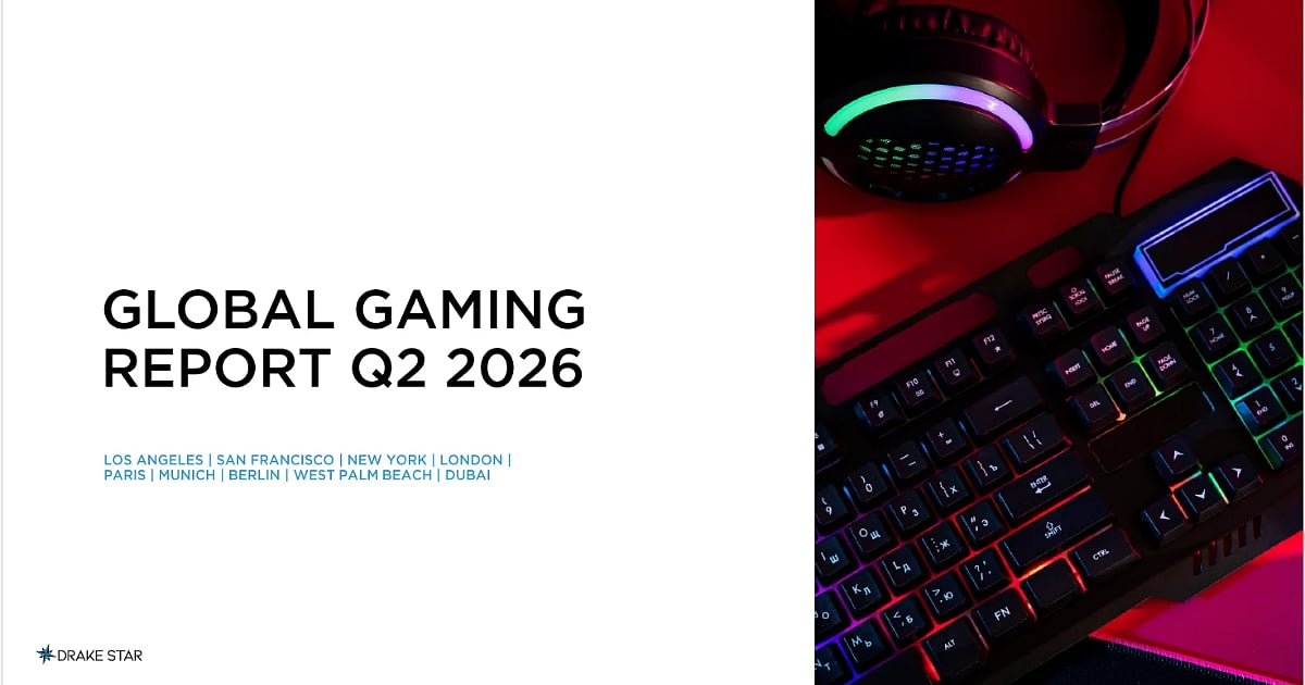 Drake Star Global Gaming Report Q2 2026 cover featuring a gaming keyboard and headset.