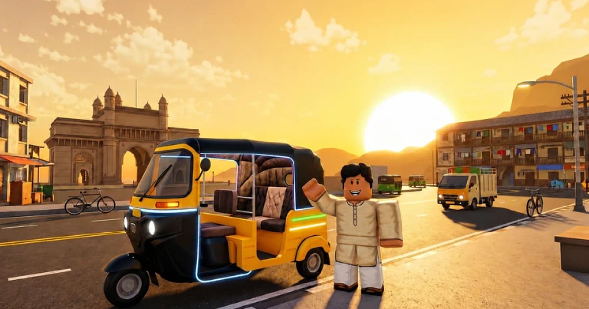 Roblox avatar standing beside an auto-rickshaw in India RP: Mumbai by Nfinity Studio.