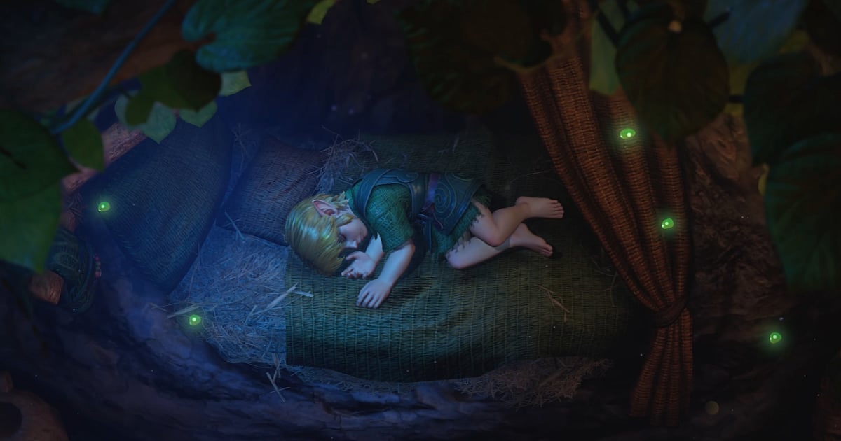 Young Link sleeps inside a tree shelter surrounded by glowing green lights in The Legend of Zelda: Ocarina of Time remake.