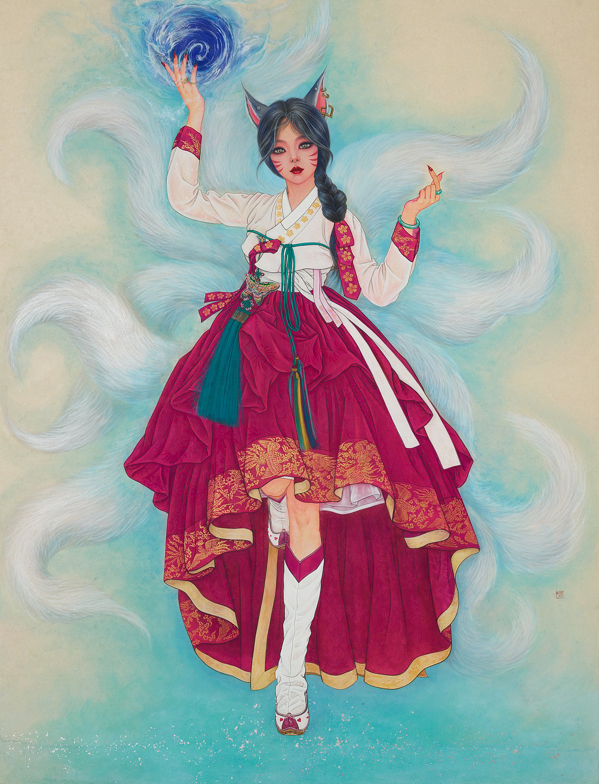 A full-length, traditional-style painting of a female nine-tailed fox spirit (Gumiho) with fox ears and red cheek markings. She wears a modernized Korean Hanbok featuring a white top with gold embroidered trim and a layered, asymmetrical crimson skirt adorned with intricate gold patterns along the hem. Her right hand is raised, holding a glowing, swirling blue orb of energy, while her left hand makes a contemporary finger heart gesture. Nine large, fluffy white tails fan out dramatically behind her against a soft cream and light blue watercolor background.