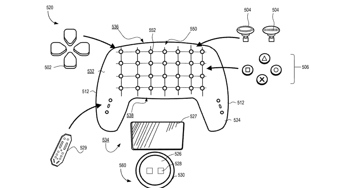 Sony modular video game controller patent diagram showing repositionable thumbsticks, buttons, directional pad, and input modules.
