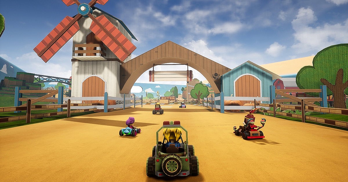 A gameplay screenshot from Kartboard Dash showing several colorful go-karts racing through a farm-themed track. The player's kart follows three opponents toward a large wooden archway flanked by a towering windmill, barns, fences, hay bales, and stylized cardboard trees. The handcrafted environment features bright colors, wide dirt roads, and a playful toy-like aesthetic.