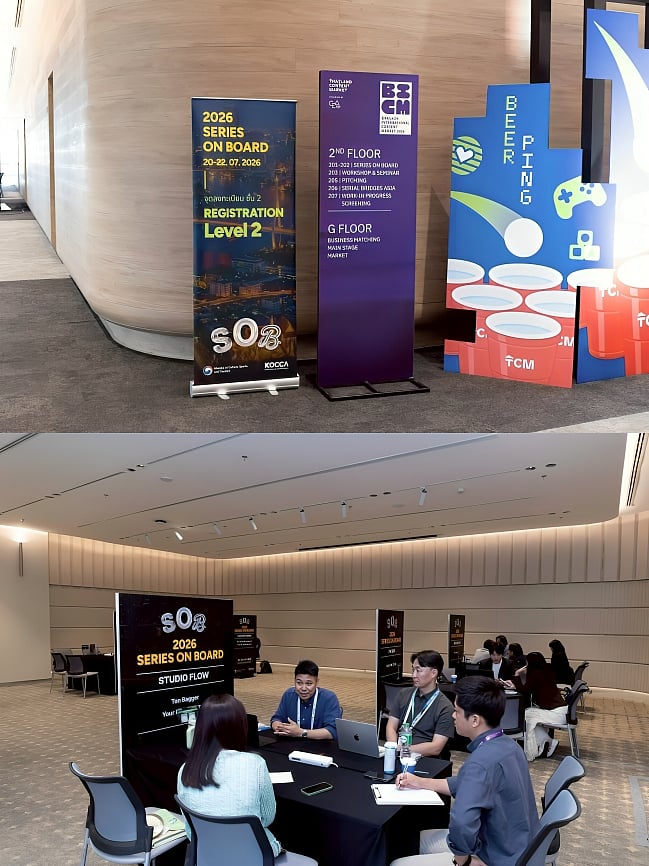 A composite of two photos from the 2026 Series on Board event. The top photo displays event signage in a venue lobby, featuring a roll-up banner directing attendees to "Level 2 Registration," a floor directory for the Bangkok International Content Market (BICM), and a colorful graphic backdrop. The bottom photo shows an open conference hall with attendees seated around tables conducting B2B business meetings behind black partitions bearing "2026 Series on Board" branding.