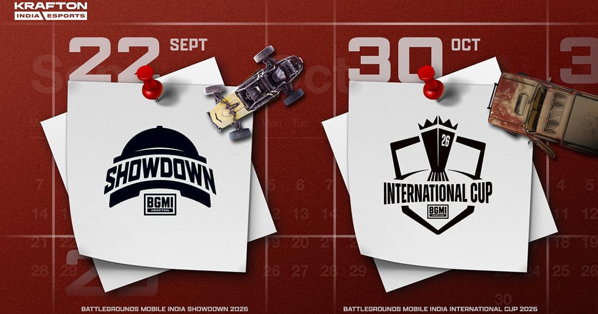 KRAFTON India Esports graphic featuring the BGMI Showdown 2026 and BGMI International Cup 2026 logos with Sept 22 and Oct 30 dates.