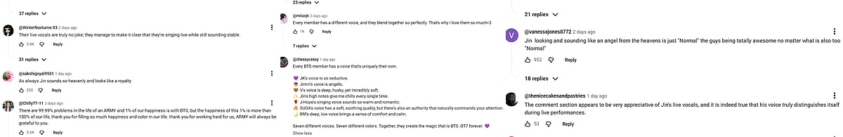 A wide collage of YouTube comment screenshots praising BTS's live performance abilities. Key comments highlight the group's stable live vocals, unique individual vocal tones, and express strong appreciation for member Jin's vocals and visuals during live performances.