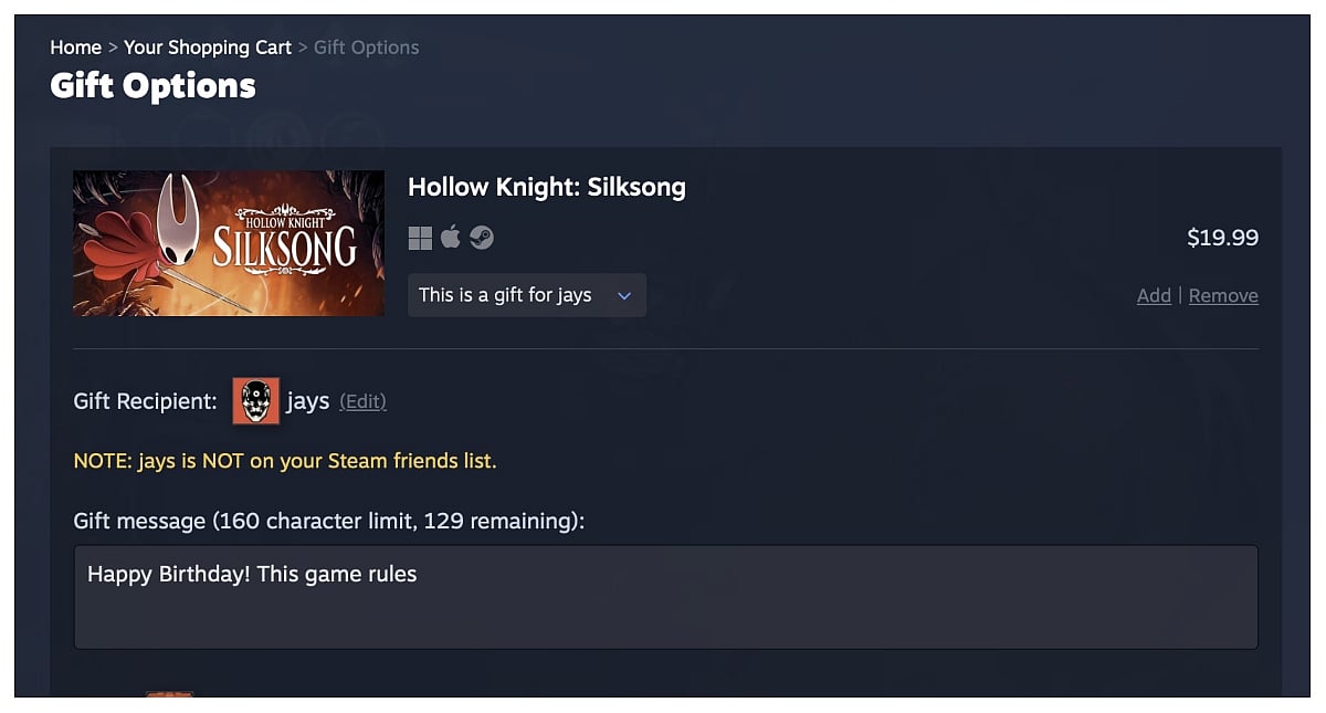 Steam Gifting portal with Hollow Knight Silksong as an example.