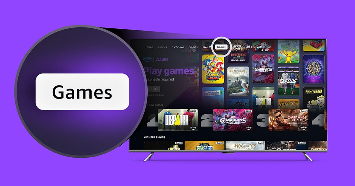 Amazon Prime Video's new Games tab on Fire TV showcases Amazon Luna's cloud gaming library, including titles such as EA Sports FC, Hogwarts Legacy, Indiana Jones and the Great Circle, and Sonic Mania.