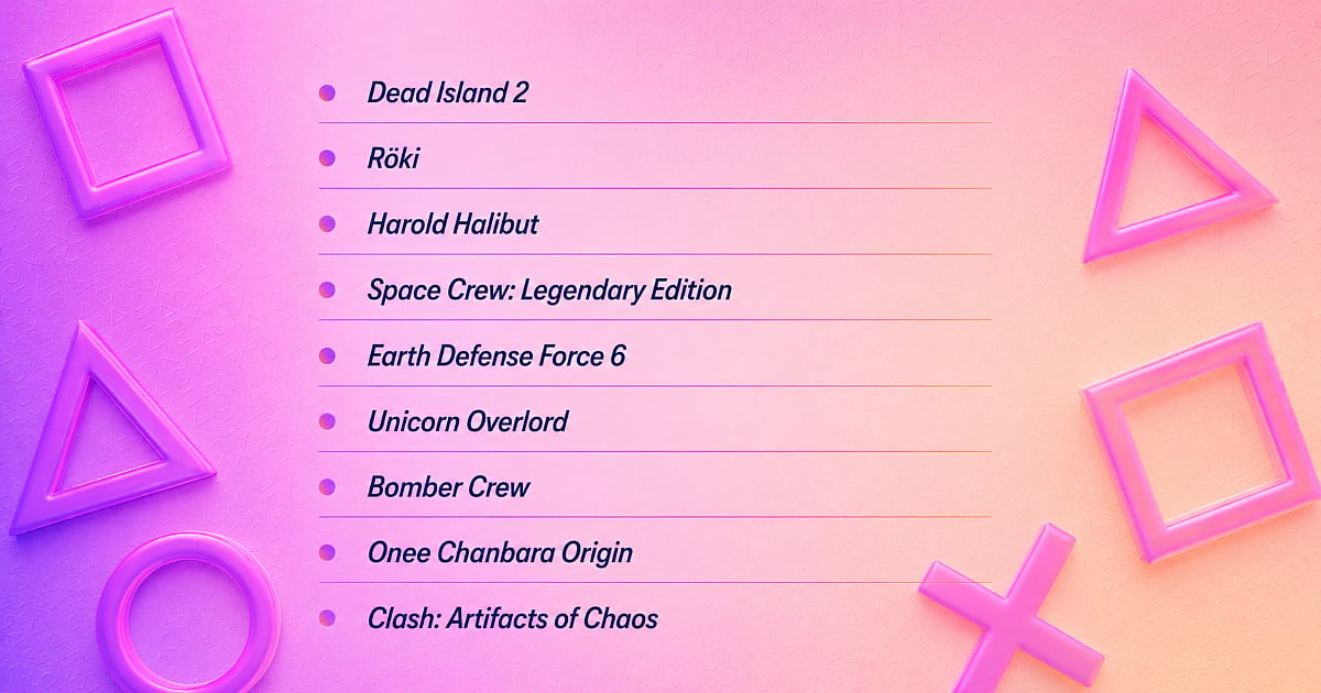 PlayStation-themed graphic with a pink, purple, and peach gradient background listing the nine games leaving the PlayStation Plus Game Catalog: Dead Island 2, Röki, Harold Halibut, Space Crew: Legendary Edition, Earth Defense Force 6, Unicorn Overlord, Bomber Crew, Onee Chanbara Origin, and Clash: Artifacts of Chaos.