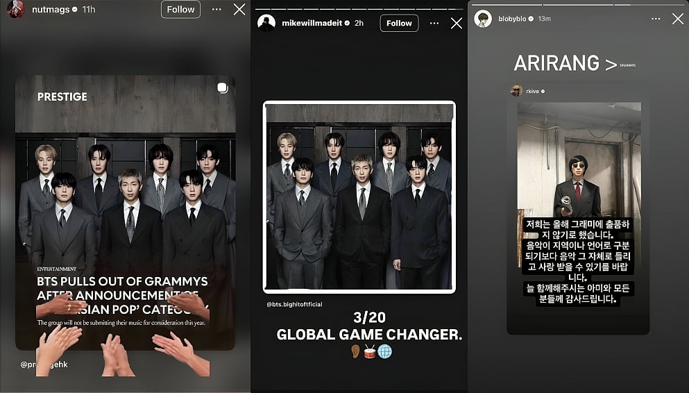 Left Panel: An Instagram story by @nutmags reposting a Prestige article graphic. The graphic shows the seven members of BTS in formal gray and black suits under the headline: "BTS PULLS OUT OF GRAMMYS AFTER ANNOUNCEMENT OF 'ASIAN POP' CATEGORY. The group will not be submitting their music for consideration this year." Several clapping hand emojis are overlaid across the bottom of the post.
Middle Panel: An Instagram story by music producer @mikewillmadeit sharing a photo of BTS in suits tagged @bts.bighitofficial. Below the photo, bold text reads "3/20 GLOBAL GAME CHANGER." followed by ear, drum, and globe emojis.
Right Panel: An Instagram story by Tablo (@blobyblo) with the text "ARIRANG > GRAMMYS" displayed at the top. It reshares a story from RM (@rkive) showing a photo of RM wearing sunglasses and a suit, holding a rolled newspaper. Overlaying the photo is a message in Korean explaining that the group chose not to submit to the Grammys, wishing for music to be appreciated as it is without regional or language barriers, and expressing gratitude to ARMY.