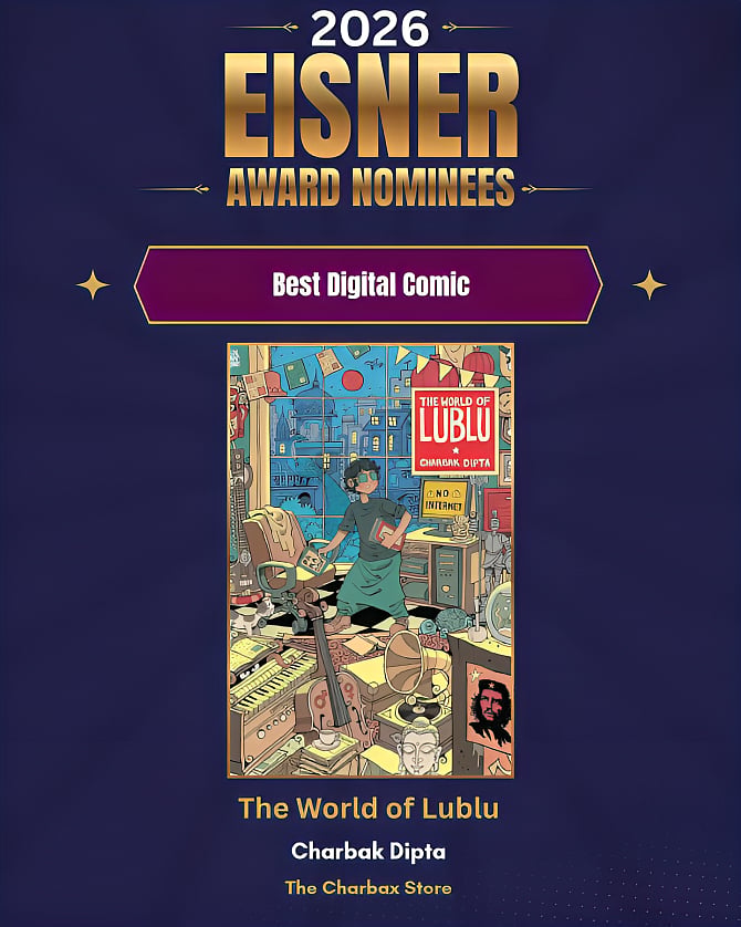 A 2026 Eisner Award nominee announcement banner set against a dark navy blue background. Bold metallic gold text at the top reads "2026 EISNER AWARD NOMINEES". The comic cover for The World of Lublu features an intricate, warm-toned illustration of a character in green sunglasses stepping through a room filled with musical instruments, books, a gramophone, a "NO INTERNET" sign, and wall art, framed by a large window looking out at a city skyline. Below the cover art, text lists the title "The World of Lublu" in gold, the creator "Charbak Dipta" in white, and the publisher/platform "The Charbax Store" in yellow.