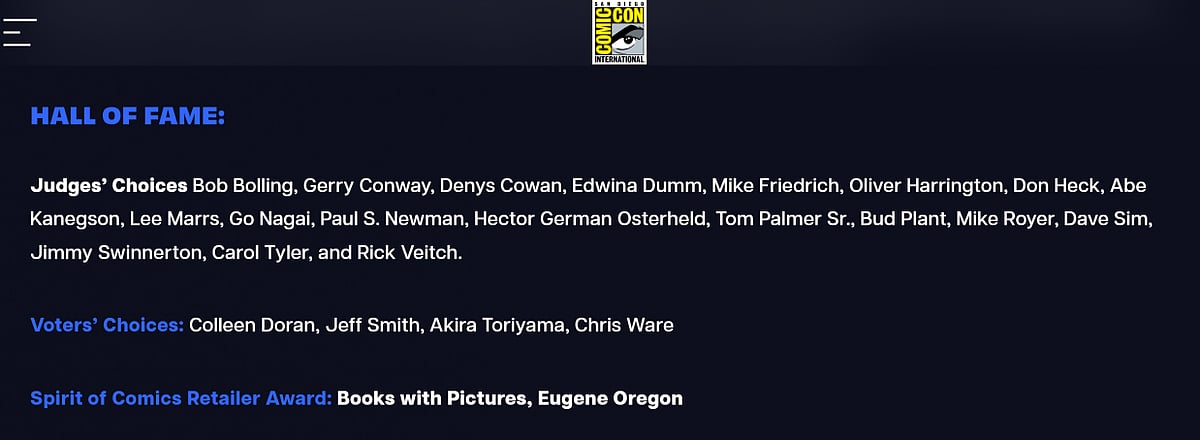 A screenshot from the San Diego Comic-Con website listing the Hall of Fame inductees, including Judges’ Choices, Voters’ Choices (Colleen Doran, Jeff Smith, Akira Toriyama, Chris Ware), and the Spirit of Comics Retailer Award winner (Books with Pictures, Eugene Oregon).