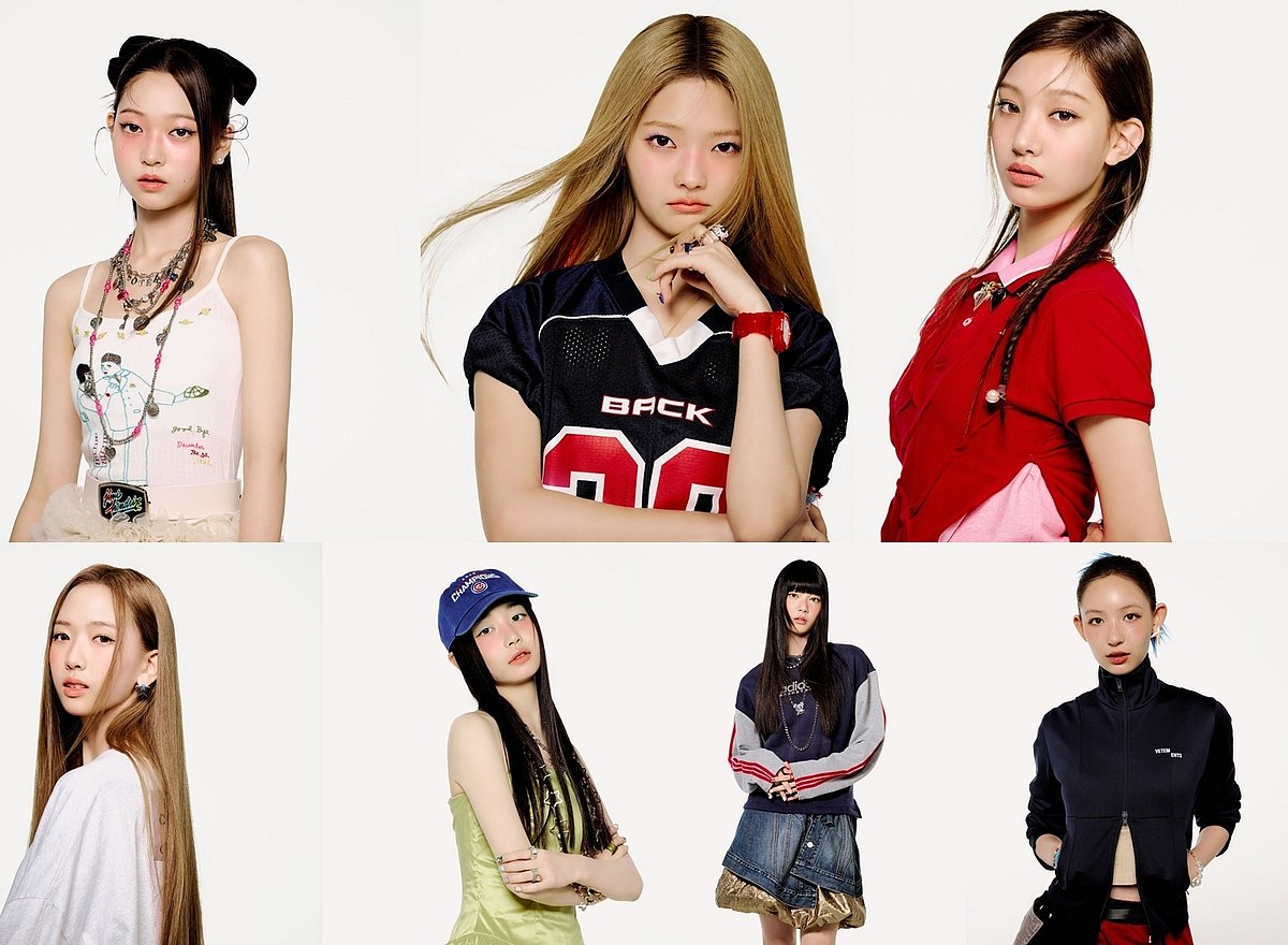 A photo collage featuring seven individual portrait shots of young women styled in Y2K-inspired athletic and streetwear fashion against a plain white studio background.