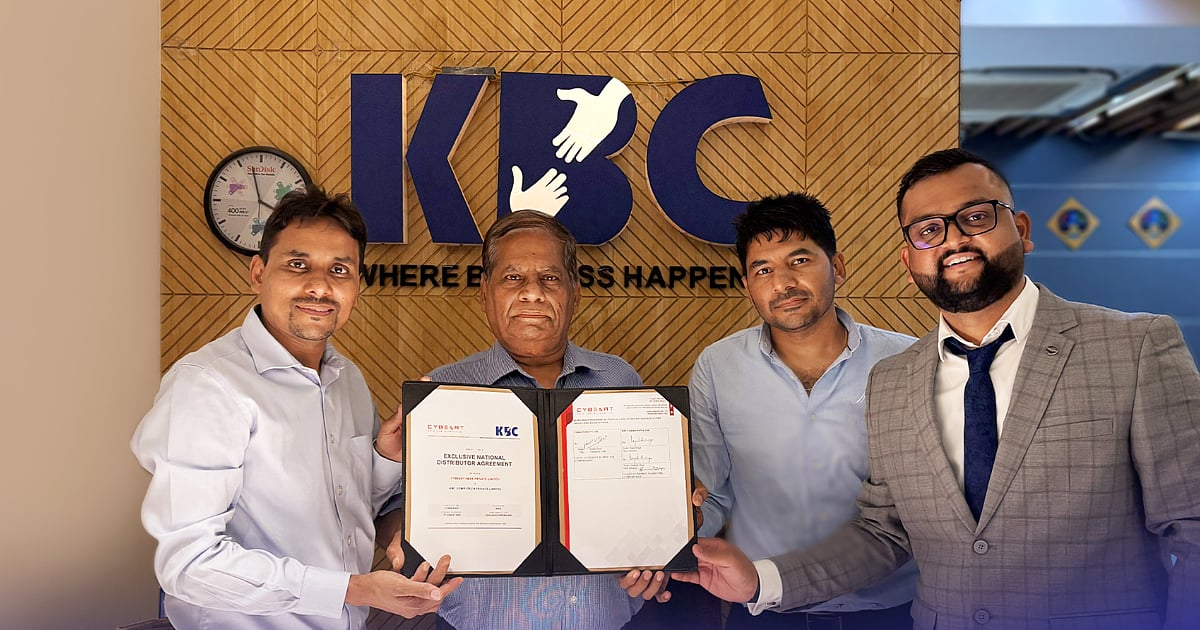 Cybeart and KBC Computech representatives pose with their signed exclusive national distribution agreement in India.