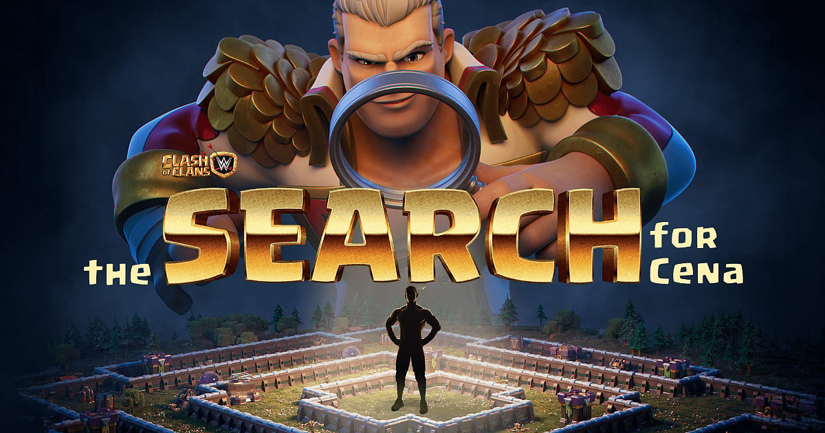Clash of Clans character searching for John Cena’s base in the WWE crossover event.