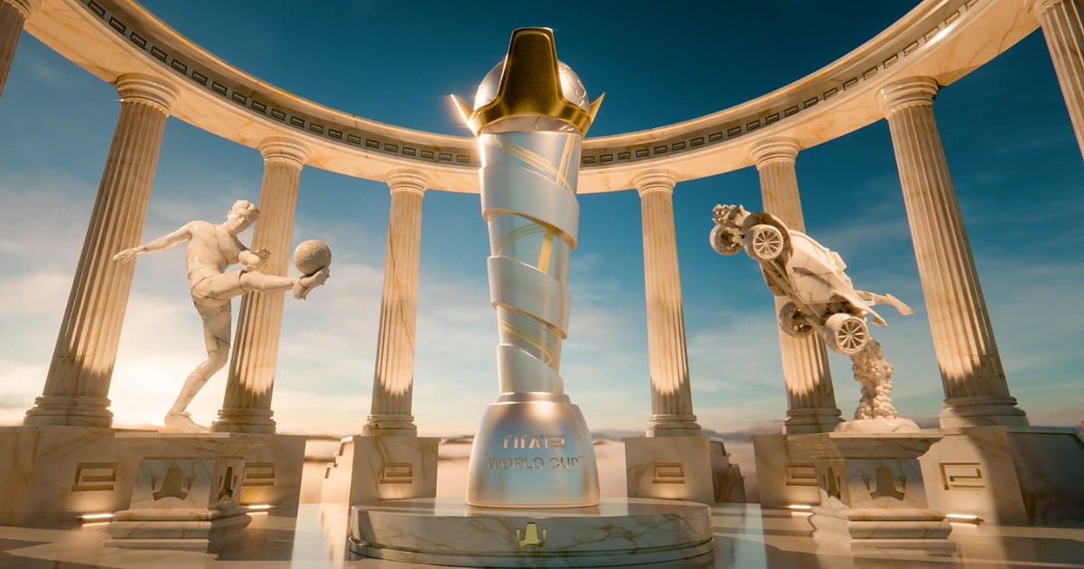 The FIFAe World Cup trophy is displayed between classical statues representing football and Rocket League.