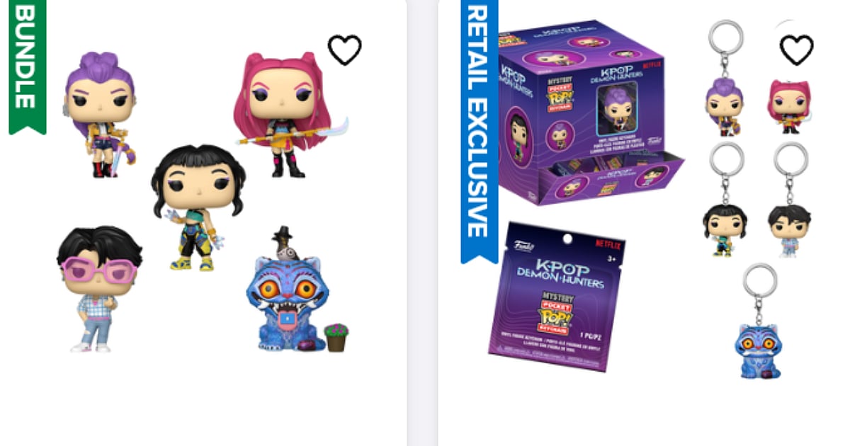 Funko Pop! figures from KPop Demon Hunters, including Rumi, Mira, Zoey, Bobby, Derpy Tiger, and keychain figures.