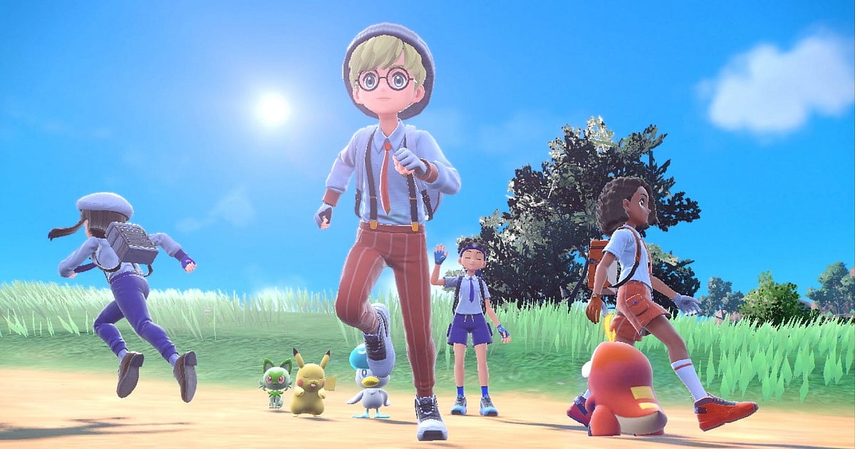 A promotional image for Pokémon Scarlet and Violet , featuring trainers running through a sunny grassy field with several Pokémon, including Pikachu and Fuecoco, under a bright blue sky.