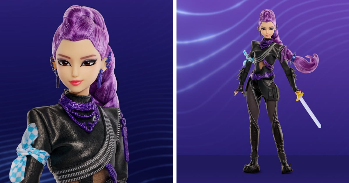 A KPop Demon Hunters Rumi doll in her black-and-purple battle outfit, shown in close-up and full-body views while holding her Sain-geom.