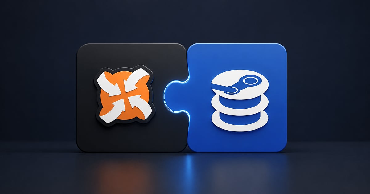 The Nexus Mods and SteamDB logos are represented as connected blocks, highlighting the acquisition and integration of SteamDB with Nexus Mods.