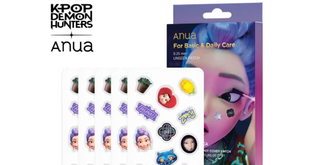 Anua x KPop Demon Hunters spot patch collection featuring character-themed hydrocolloid patches and a purple-haired character on the packaging.