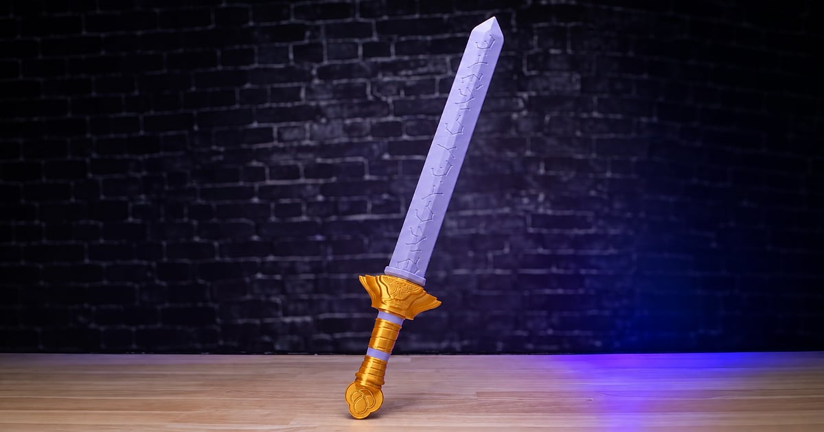 Rumi’s Sain-geom, also known as the Four Tiger Sword, featuring a lavender blade with glowing rune details and an ornate gold-tone hilt, displayed against a dark brick background.