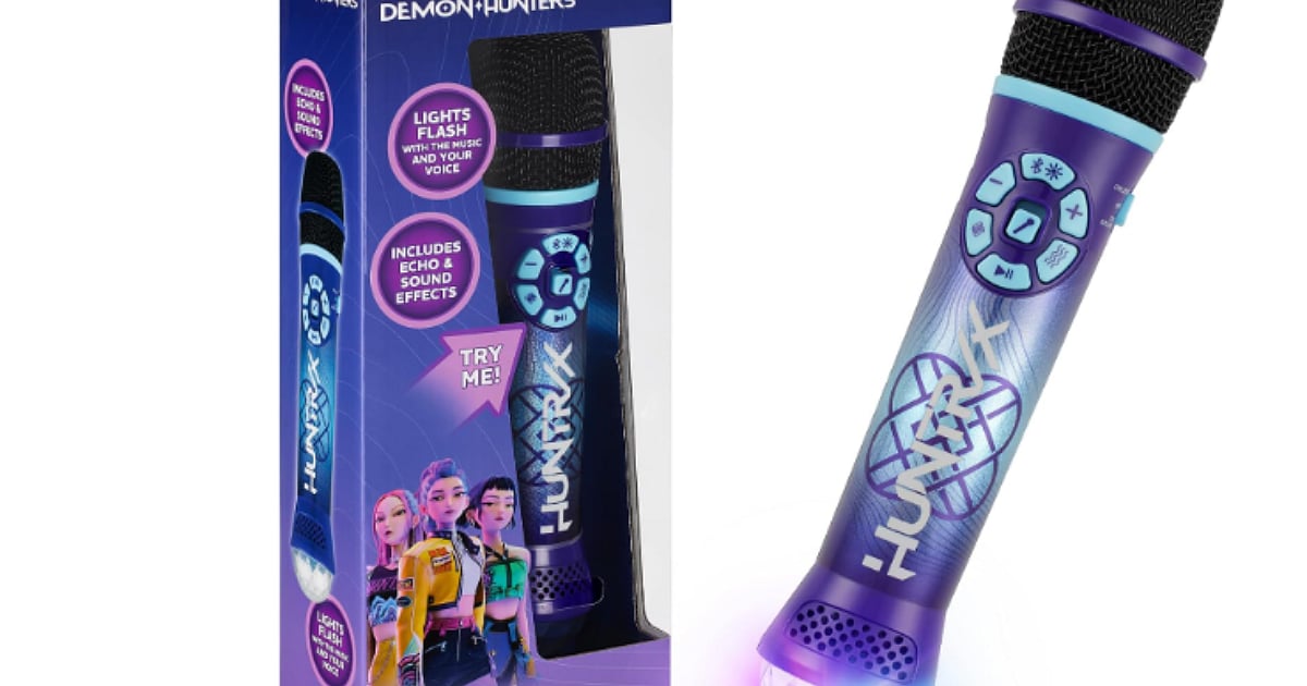 HUNTR/X-themed KPop Demon Hunters karaoke microphone with blue and purple lighting, shown beside its product packaging.