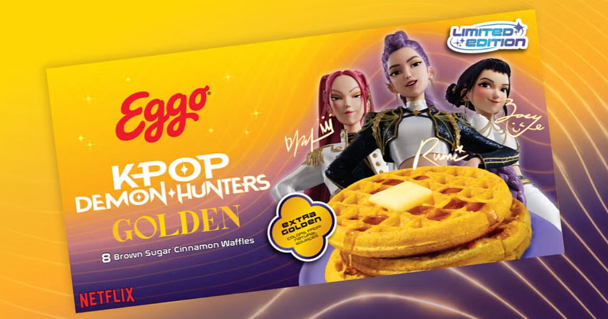 Eggo KPop Demon Hunters Golden Brown Sugar Cinnamon Waffles package featuring the film’s HUNTR/X characters.