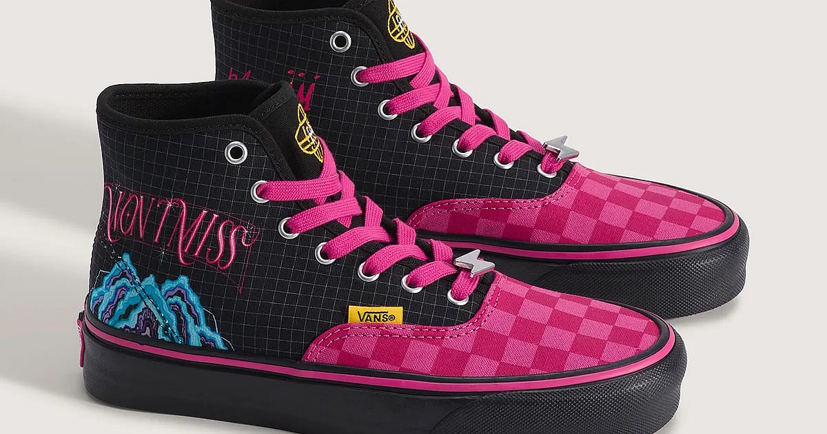 KPop Demon Hunters x Vans Sk8-Hi sneakers featuring black uppers, pink laces and checkerboard panels with character-inspired graphics.