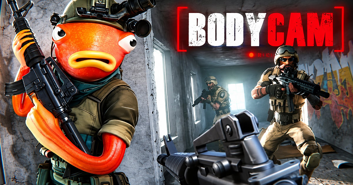 Fortnite Bodycam UEFN scene featuring a fish character in tactical gear and armed soldiers in a combat setting.