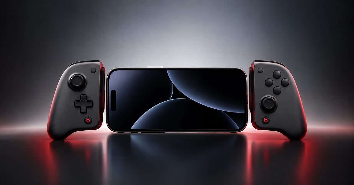 iPhone-style smartphone with two black Beats-inspired gaming controller grips on a dark reflective surface.