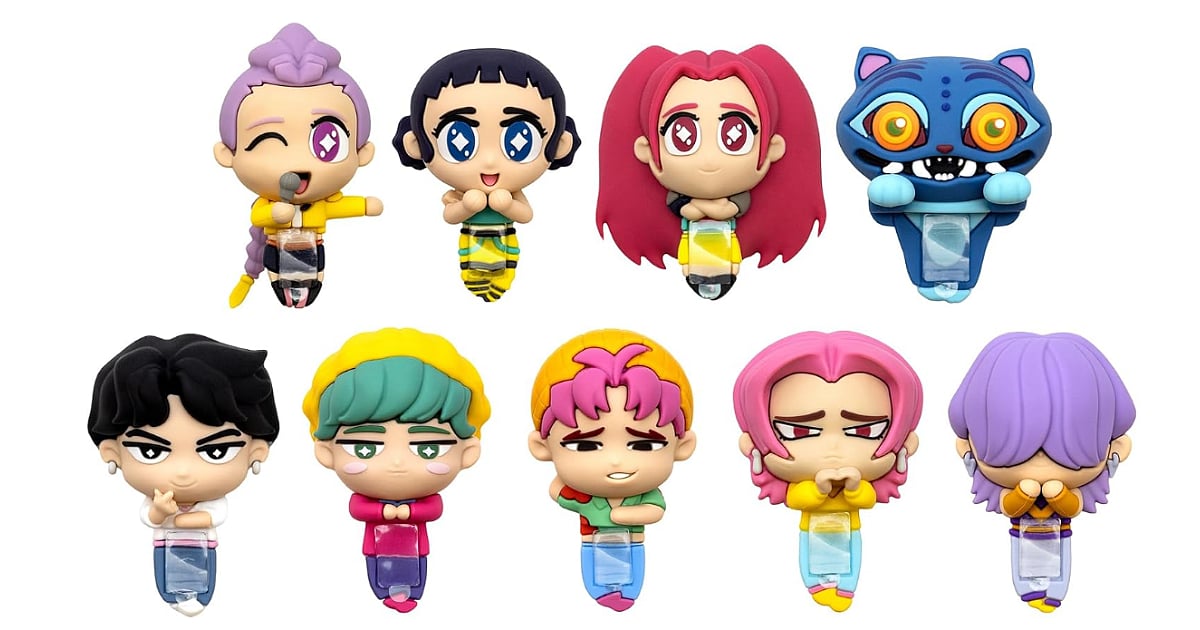 Nine KPop Demon Hunters Huggers blind box figures featuring HUNTR/X, Saja Boys, and Derpy.