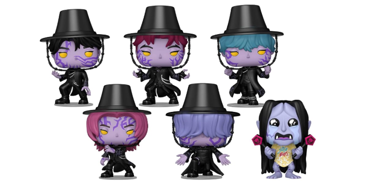 Funko Pop! figures of the KPop Demon Hunters Saja Boys, including five characters and a Crying Demon figure.