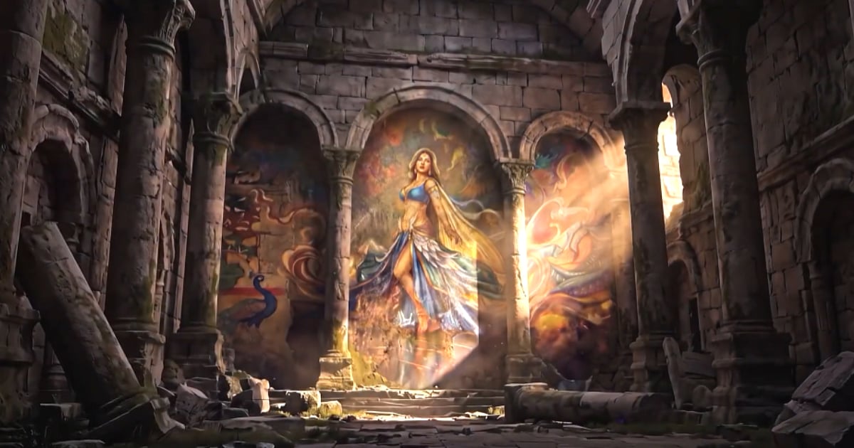Kiaraa, the new BGMI character, stands amid glowing peacock-themed designs in a blue and gold outfit.
