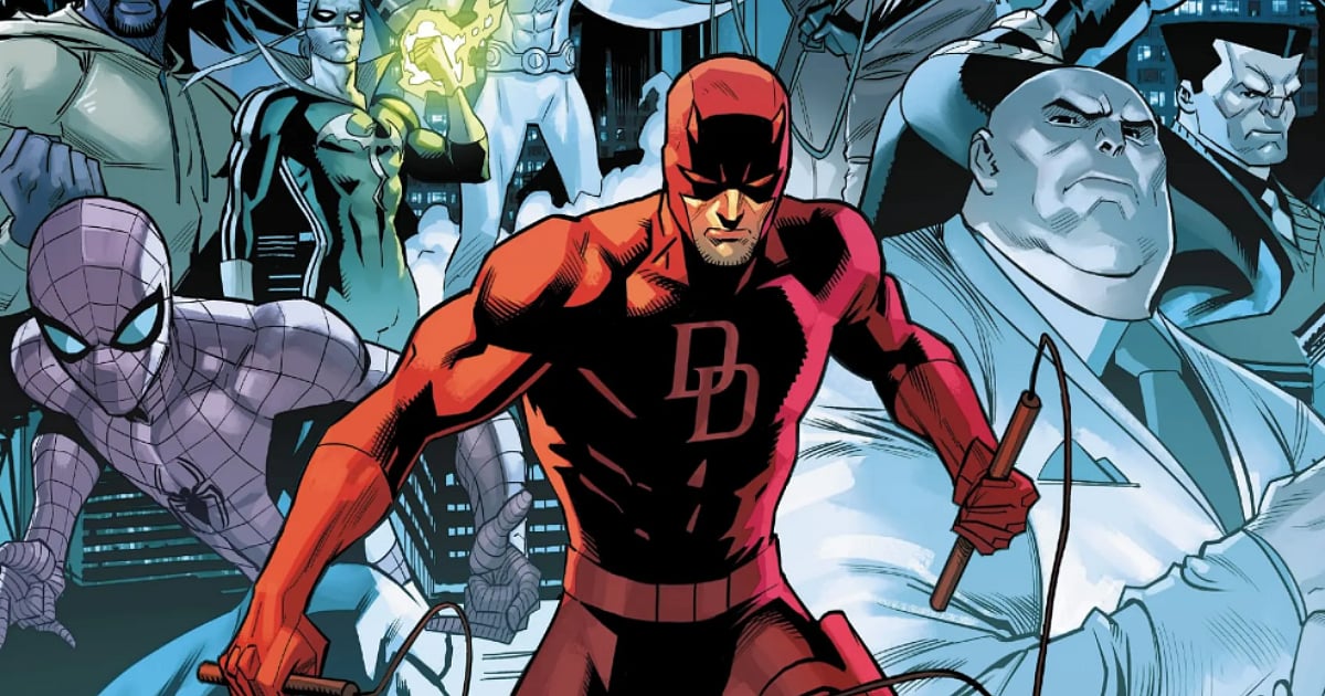 Daredevil stands at the center of a Marvel comic scene, surrounded by Spider-Man and other Marvel characters in a stylized city backdrop.