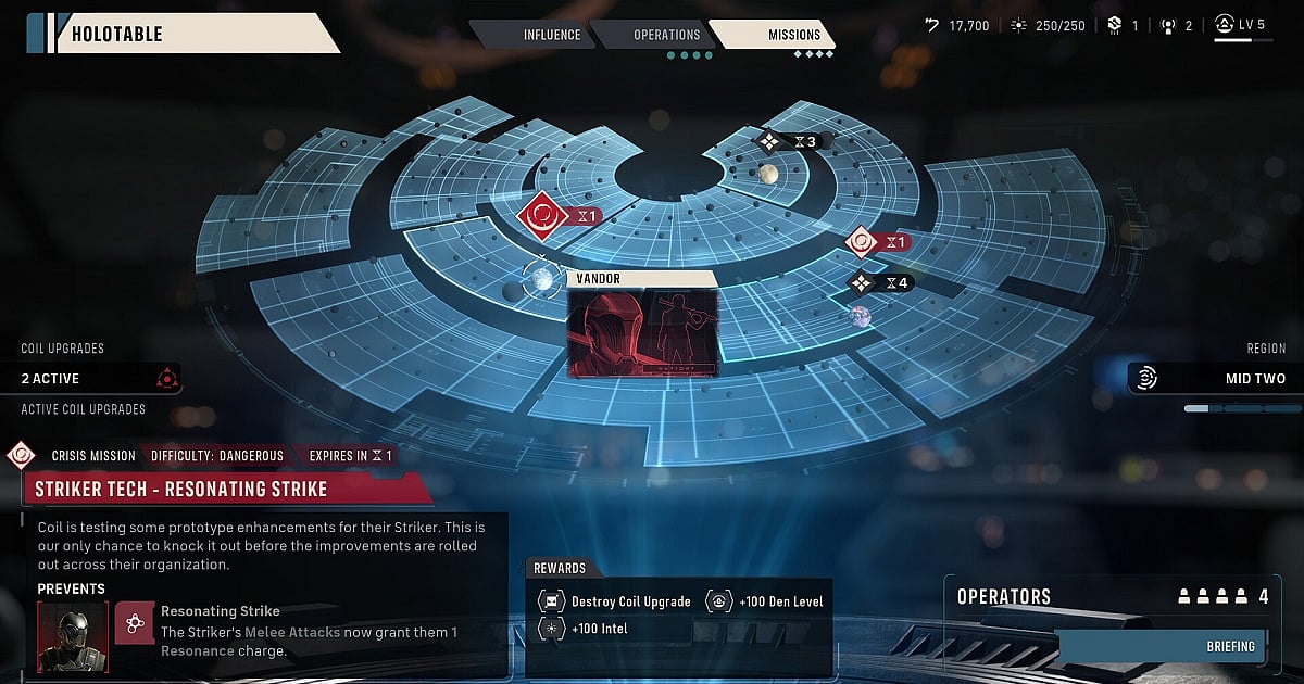 A screenshot from Star Wars Zero Company. It shows a "Holotable" menu featuring a blue, segmented circular holographic map. A specific node named "Vandor" is currently highlighted. The interface outlines a dangerous crisis mission titled "Striker Tech - Resonating Strike," detailing objectives, rewards like Intel, and a four-person operators team selection.