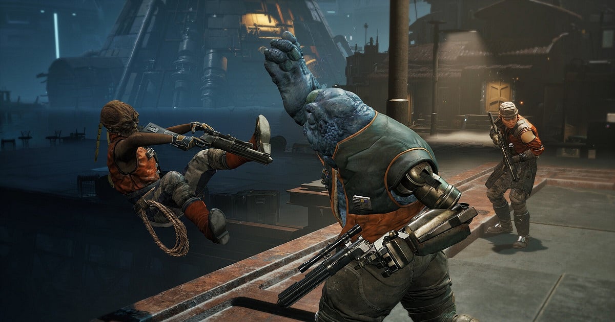 A screenshot from Star Wars Zero Company showing a chaotic fight in a dark, industrial setting. A large, blue-skinned alien with a cybernetic arm is winding up to deliver a powerful punch. His target, a masked combatant in an orange vest, falls backward through the air while clutching a blaster rifle. In the background, another armed guard watches the brawl.
