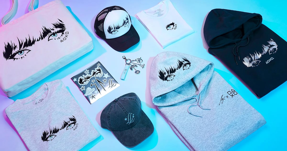 Lisa x PlayStation merchandise collection featuring apparel, hats, stickers, keychains, and hoodies with Lisa-inspired eye and signature designs.