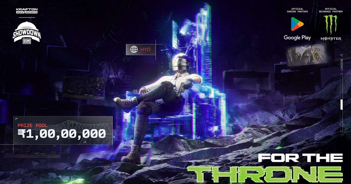 BMSD 2026 promotional artwork featuring a BGMI character seated on a throne, with the INR 1 Cr prize pool and Google Play and Monster Energy partner logos.