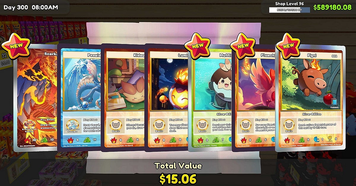 A screenshot from TCG Card Shop Simulator showcasing a pack opening featuring various common and rare cards. The total value of the cards pulled amount to over $15 in-game with the leftmost card being a full art pull.