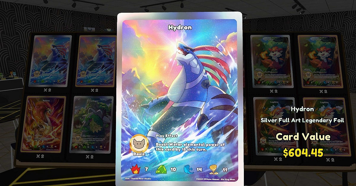 A screenshot from TCG Card Shop Simulator featuring Hydron, one of the rarest cards in the game. The Silver Full Art Legendary card is worth over $604 due to its low drop rate.