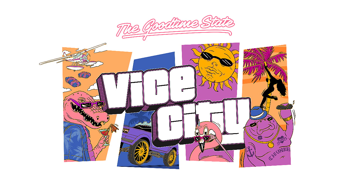 GTA VI Goodtime State artwork featuring Vice City characters, vehicles, palm trees, and colorful retro-style graphics.