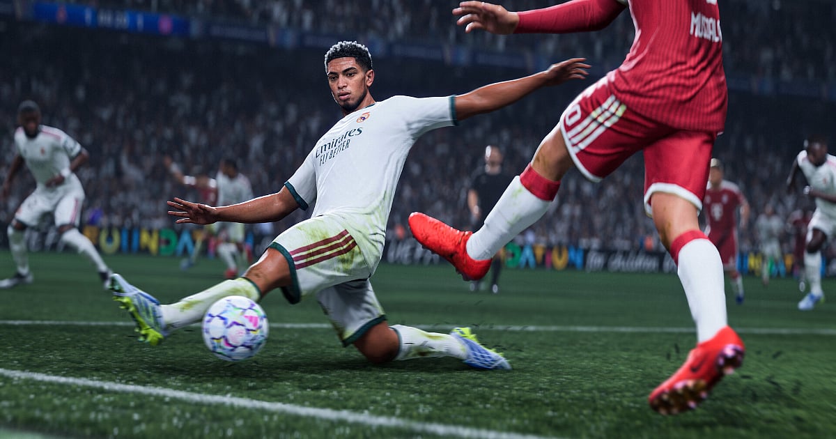 EA Sports FC 27 Lite gameplay featuring Jude Bellingham of Real Madrid competing against Bayern Munich players.