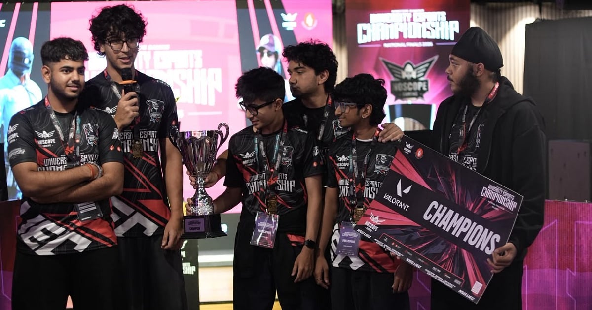 UEC National Finals 2026 Valorant champions celebrate with the trophy and championship award.