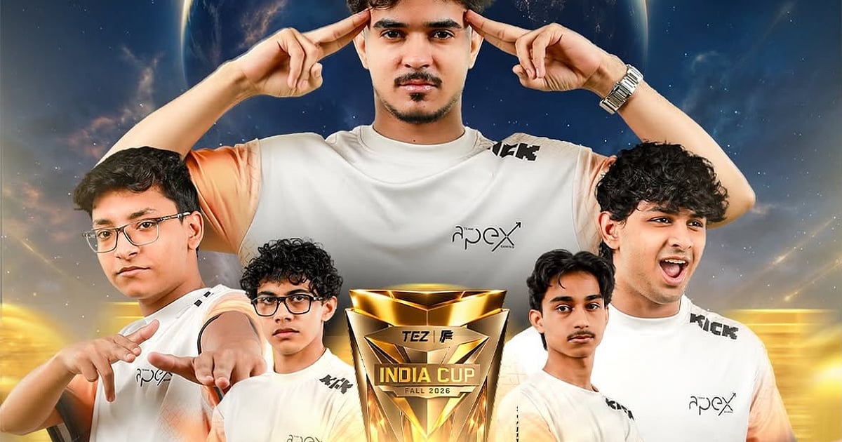 Team Apex Gaming players posing with the TEZ India Cup Fall 2026 trophy after winning the tournament.